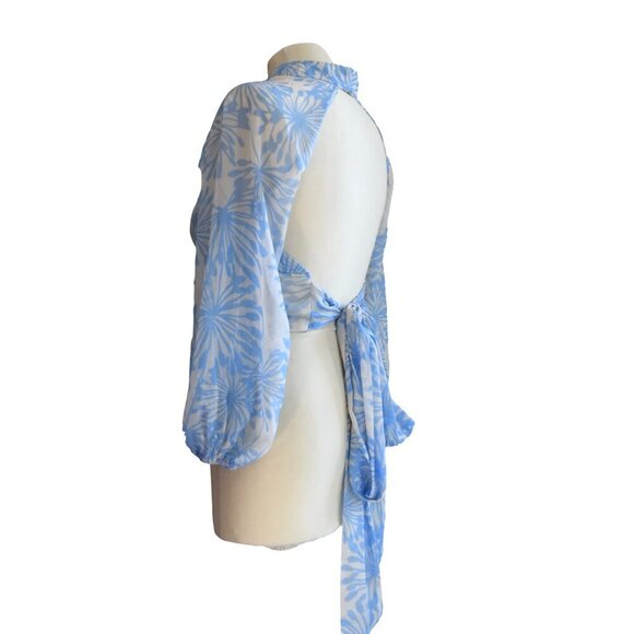 Amanda Uprichard Blue Floral Tie Back Top S Sheer High Neck Romantic *Minor Flaw - Picture 3 of 11